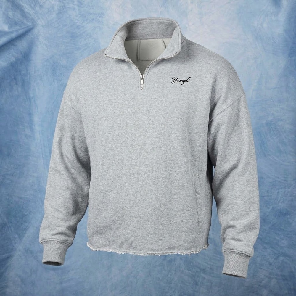 YoungLA Mens Gray Quarter Zip Sweatshirt Raw Hem Oversized Pullover YLA2427 558